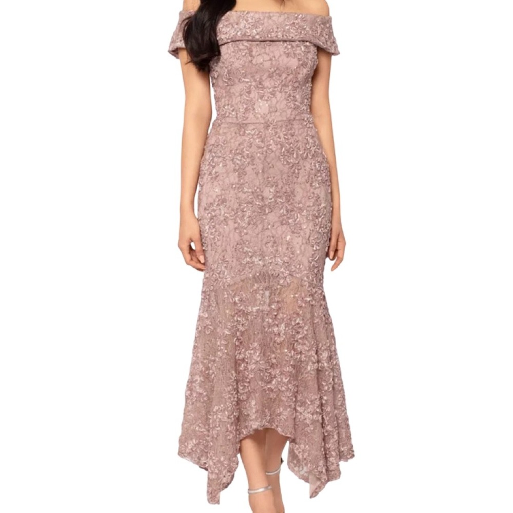 NWT Xscape Off The Shoulder Soutache Lace Beaded Mermaid Gown Taupe Pink 22W